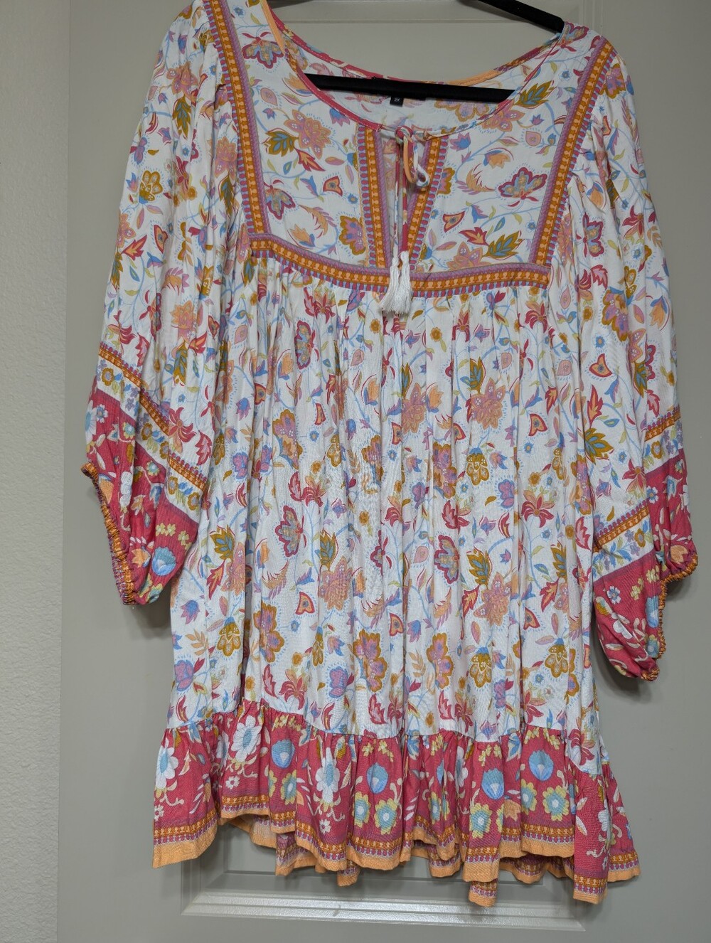 Rachel Zoe White Floral Tie-Front Tunic with Pink and Yellow Accents